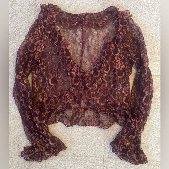 Bebe Y2K Women's Floral Sheer Lace Ruffled Blouse w/ Gold, Wine & Deep Pink Hues - Picture 2 of 16